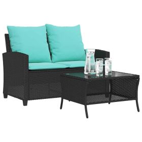 Patio Sofa 2-Seater with Cushions&Table Black Poly Rattan