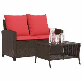 Patio Sofa 2-Seater with Cushions&Table Brown Poly Rattan
