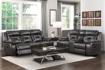 2pc Reclining Sofa Set Modern Design Living Room Furniture Sofa and Loveseat with Center Console Dark Gray Breathable Faux Leather Upholstery Con