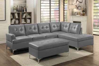 Contemporary Gray 3pc Sectional Sofa with RSF Chaise Ottoman Tufted Detail Faux Leather Upholstered Solid Wood Living Room Furniture L-Shape Sofa
